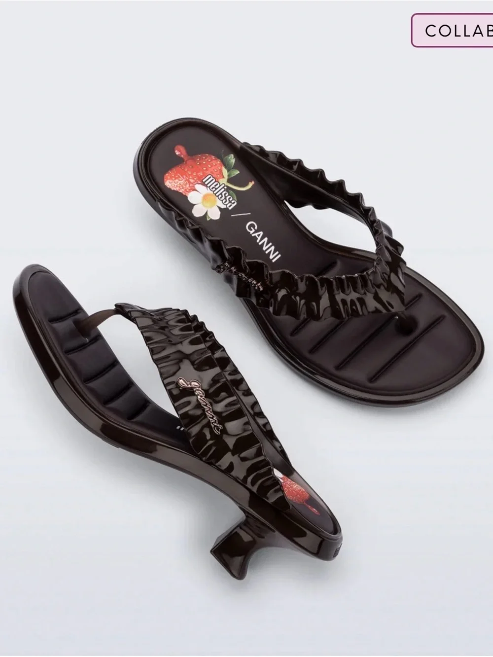 Ganni Black Glossy Ruffled Jelly Thong Sandals